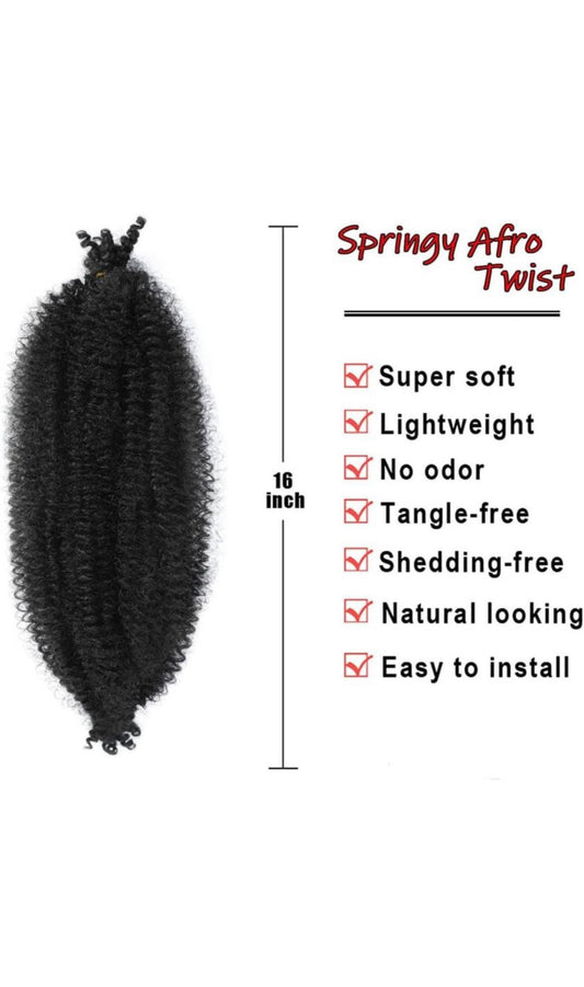 2 Springy Afro Twist Hair Extension Kinky Afro Twist Crochet Hair Braids Natural Black Spring Twist for Women Pre-Separated (16 Inch, 1B)